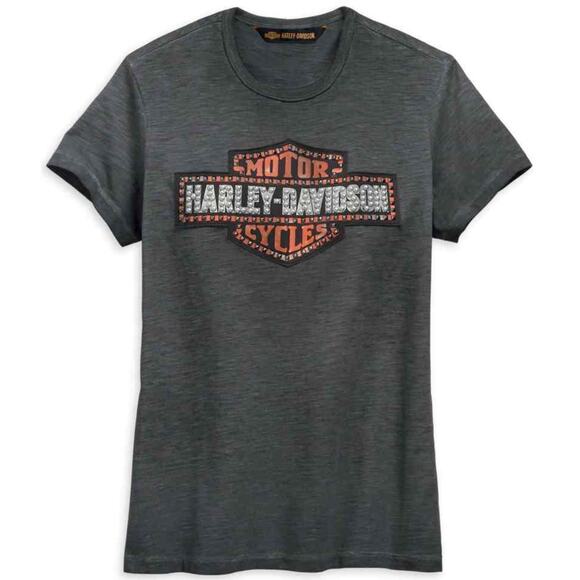 Harley Davidson (M) Raw-Edge Neck Printed Graphic Studded Logo Short Sleeve Tee - Picture 3 of 10